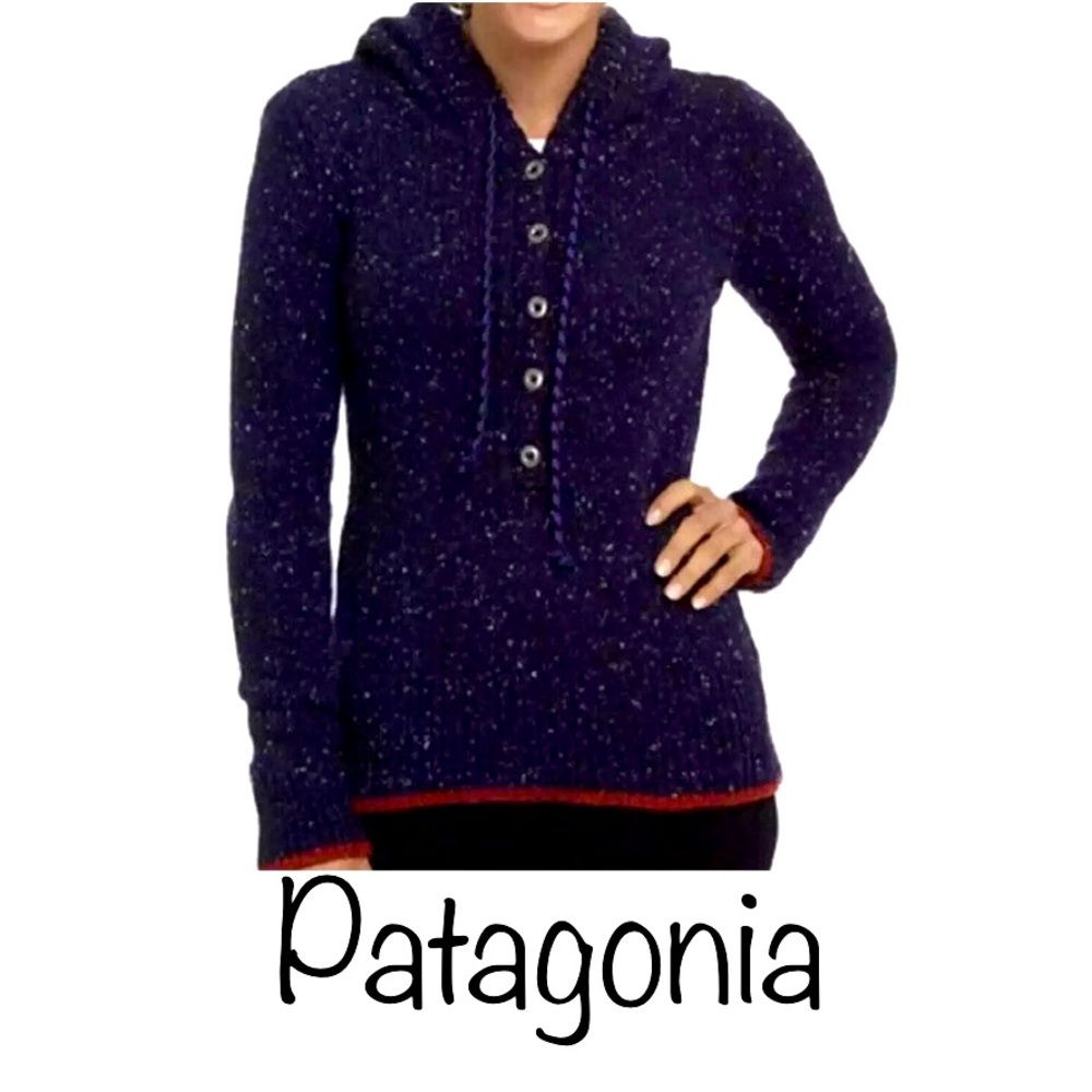 Patagonia Navy Speckled Hoodie Sweater with Red Trim